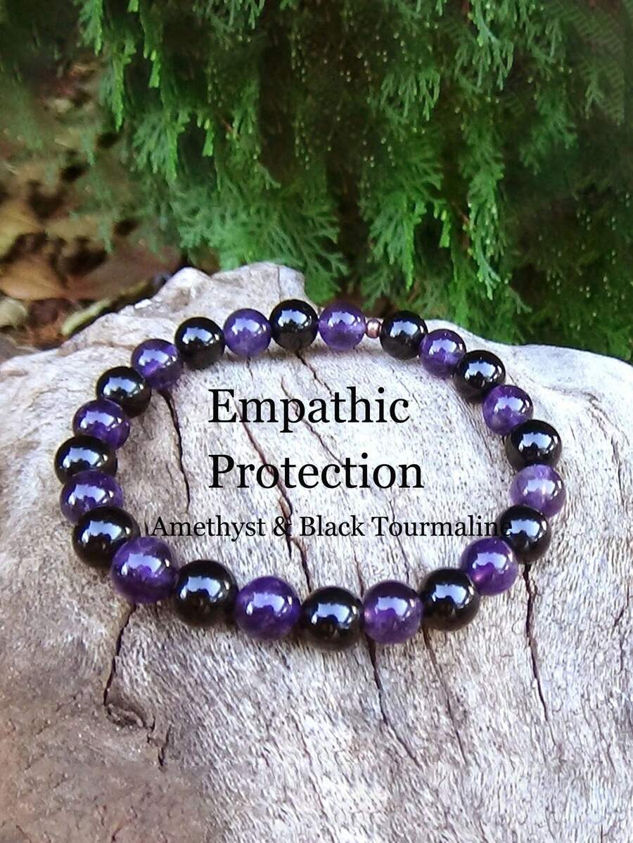 YAUKIA 1 pieza Pulsera de Protección Empática - Amatista y Turmalina Negra - Pulsera de Curación de Cristales Energéticos, Concentración, Claridad, Espiritualidad - Multicolor - Ver 1