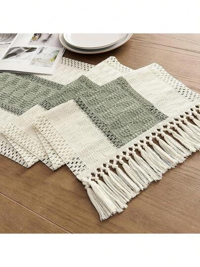 1pc Boho Style Tasseled Table Runner, Farmhouse Cream, Brown And Green Striped Design, Polyester Material, Handmade Crochet, Suitable For Dining Room, Bedroom, Living Room Decor, Striped Pattern Table Runner With Decorative Tassels
