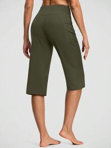 Women's Yoga Capri Pants Straight Leg High Waisted Stretchy Athletic Capris Pants With 3 Pockets For Workout Casual - Army Green - View 3