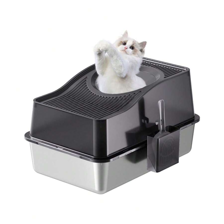 Stainless Steel Cat Litter Box,High Sided Extra Large Boxes For Cats, Enclosed Removable Covered Litter Box, Odor Control Anti-Leakage Large Top Entry Cat Toilet,23.6 X 15.7 X 13.58,Black - White - View 1