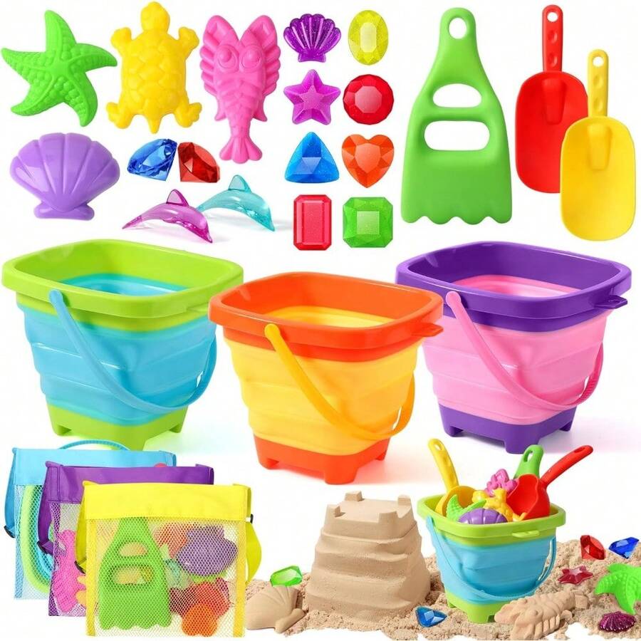 35pcs Beach Toys For Kids Sand Toys Set Fun Shovel Molds Beach Bucket Toys Includes Shovel,Mesh Bag,Sand Mold,Folding Bucket,For Outdoor Beach Park Toys,Christmas Gifts,Family Activities Holiday Party Gifts - 35件 - 查看 1