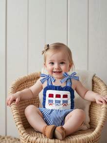 0-18 Months Baby Girl Independence Day Cami Romper Sleeveless Star Stripe Print Tie Shoulder Jumpsuit - 藍色 - 查看 1