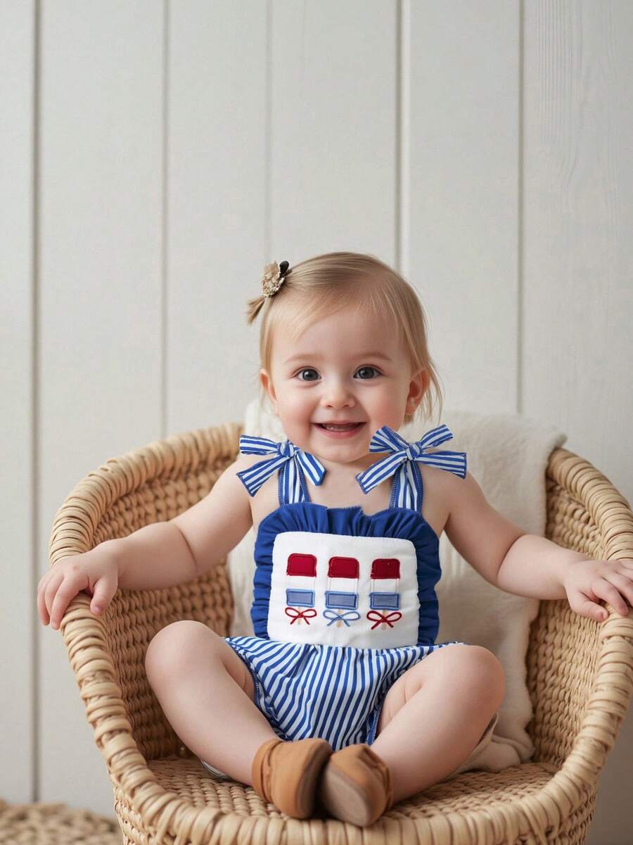 0-18 Months Baby Girl Independence Day Cami Romper Sleeveless Star Stripe Print Tie Shoulder Jumpsuit - 藍色 - 查看 1