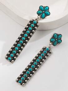 1 Pair Women's Vintage Inlaid Turquoise Long Dangle Earrings, Suitable For Banquet Wear