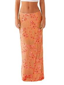 Women Summer Skirt Casual Elegant Sequin Floral Embroidery Long Skirt For Beach Vacation Club Streetwear - 橘色 - 查看 7
