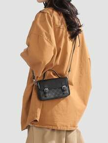 Minimalist Mini Box Shaped Crossbody Bag, "Peach Tree" Design - Black - View 6