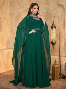 Sukienka maxi z szyfonu z plisowaną talią i dekoltem w serek, zdobiona perłami i rękawami w kształcie latarni - Zielony - Zobacz 4