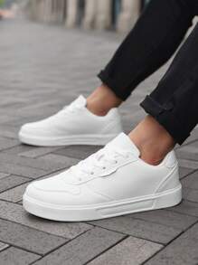 Unisex White Lace-Up Casual Sneakers, Minimalist Patchwork Design Skateboard Shoes, Versatile For Daily, Sports, Campus & Street Wear, Couple Style