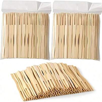 500/400/300/200/100/50/10pcs Bamboo Apricot Color Fruit Forks, Mini Appetizer Fruit Toothpicks, Suitable For Outdoor Picnic, Party, Birthday Celebration
