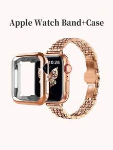 2 件/套兼容 - 玫瑰金金属可拆卸不锈钢表带 + TPU 保护壳（带屏幕保护膜），适合 38 毫米 40 毫米 41 毫米 42 毫米 44 毫米 45 毫米 49 毫米手表系列 1-8、SE、Ultra，送给家人和朋友的理想礼物