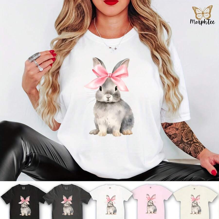 Camisa De Conejito De Pascua Con Acuarela Coqueta, Camisa De Pascua Para Mujer, Camisa De Feliz Pascua, Linda Camisa De Pascua, Lindo Conejito, Regalo De Pascua, Camisa Con Lazo Rosa - White - View 1