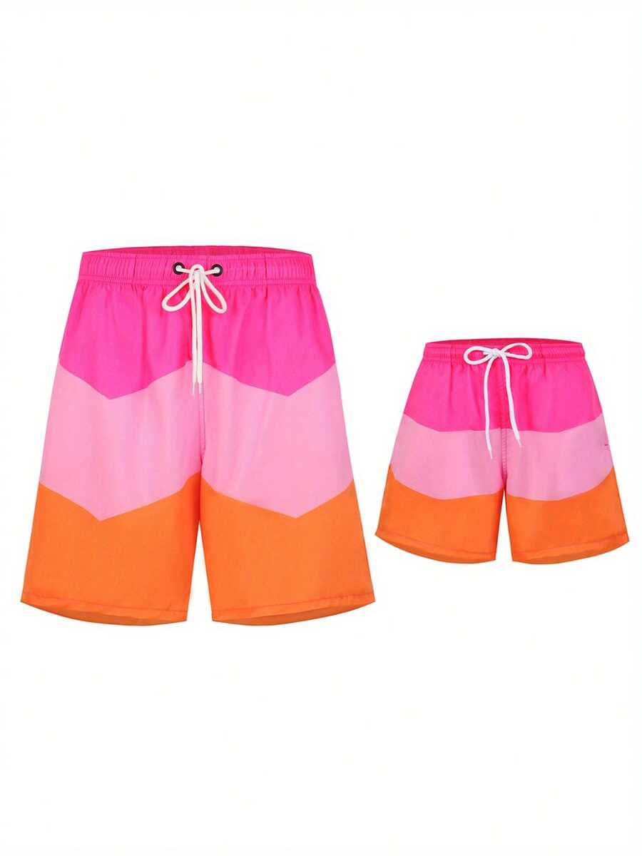 Family Matching Swimwear Fashion Print Swimsuit Set Father And Son Swim Trunks Bathing Suits Beachwear - Pink - View 1