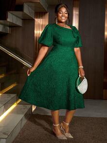 女士加大码玫瑰提花喇叭泡泡袖A字连衣裙，适合通勤、优雅鸡尾酒会、半正式舞会、生日、婚礼宾客、毕业典礼、晚宴、返校节、情人节等场合。 - 綠色 - 查看 5