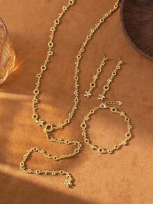 3 件，Y 型长链项链+手链+耳环，铜合金金属空心圆链，适合夏季海滩度假、日常佩戴和节日礼物