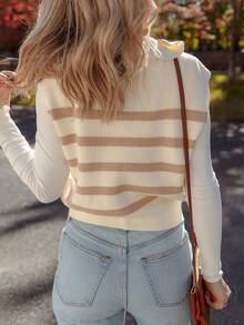 Acelitt Chaleco de punto sin mangas casual con cuello a contraste y media cremallera, primavera/otoño - Multicolor - Ver 2