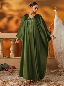 Elegant Green Embellished Kaftan Evening Gown With V-Neck , Friendly Formal Dress For Women, Luxury Abaya Style Gown For Party And Wedding,Long Formal Dress,Modest Style Dress - Army Green - View 6