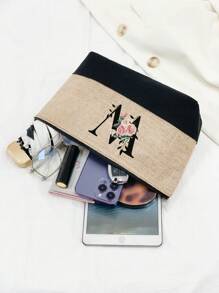 1 set, Bolso de mano tipo tote con estampado de flores con inicial A y correas para el hombro & Set de bolsas de maquillaje con iniciales de la A a la Z, bolso de regalo personalizado con bolsillos laterales, bolso de playa con pañuelo, bolsos de almacenamiento portátiles y de ocio, bolsas de compras multifuncionales, bolsa de almacenamiento simple para viajes