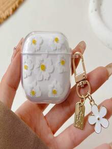 Fashionable White Flower Wireless Earphone Case Compatible With AirPods 4th Gen 1/2/3/Pro/Pro 2, With Key Chain Pendant - Shock-Absorbing Soft Lightweight Wireless Earphone Protective Case, Gift For Friends - Yellow - View 8