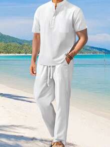 Mens Pants Set Loose Solid Color Short Sleeve Henley Tops Drawstring Pants 2 Piece Causal Outfit