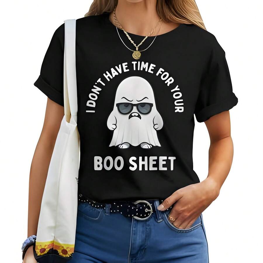 Boo Sheet Ghost Halloween Costume Women Women T-Shirt _ Seseable CA220g Women's Cotton T-Shirt, Thick And Soft Round Neck T-Shirt, Women's Patterned Short Sleeved T-Shirt, Aesthetic Retro Style Casual Top Suitable For Girls And Women, Loose Summer Fashion T-Shirt Suitable For Travel, Daily Street Wear, Work Or Relaxation - Black - View 1