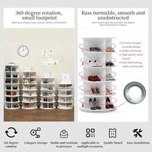 Rotating Shoe Cabinet, 360 Degree Shoe Rack Storage - Round Carousel Vertical Handbag Organizer (White, 7 Tier) - White - View 3