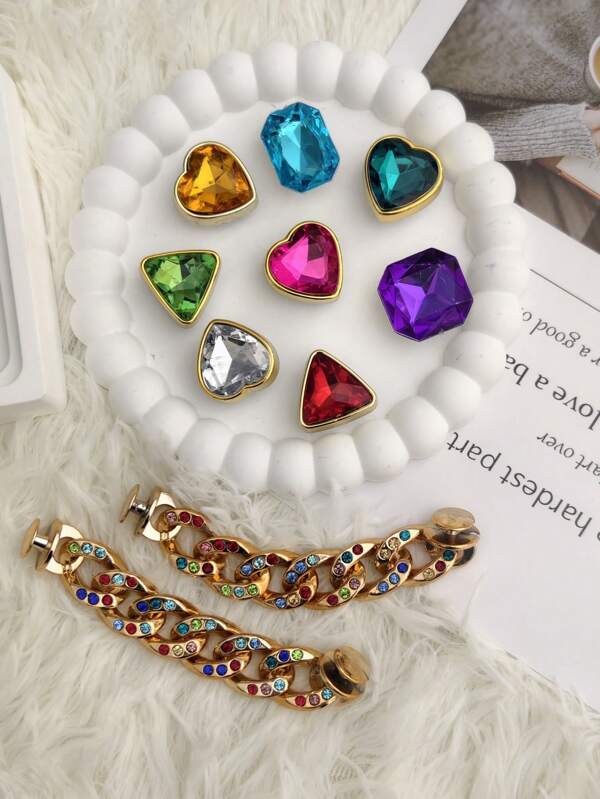 10Pcs Geometric Pattern Glamorous ABS Plastic Rhinestone Shoe Clips, Metallic Rhinestone Chain Decorations For Beach, Home, Party, Outdoor Shoes Like Sandals, Slippers, And Garden Shoes, Summer Accessories