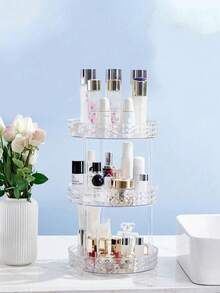 1 szt. 360° obrotowy stojak do przechowywania, 3-poziomowy wielofunkcyjny organizer do makijażu, półka na książki, taca na biurko, odpowiedni do pędzli do makijażu, produktów do pielęgnacji skóry, perfum, łazienki, blatu kuchennego