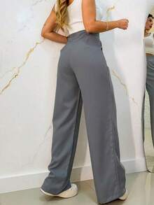 Women's Tailored Wide Leg Pants With Button And Zipper - Light Grey - View 3