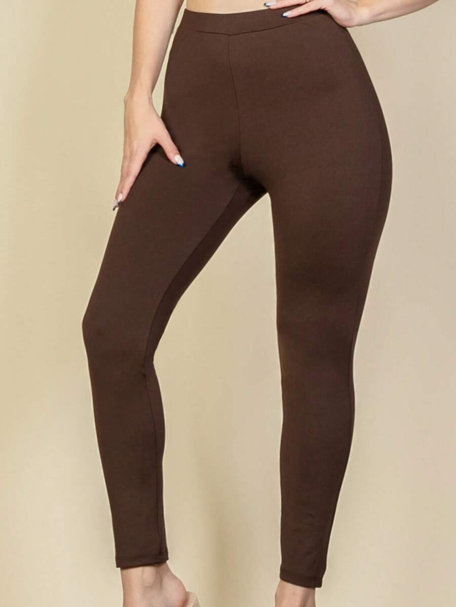 Solid Casual Active High Waist Elastic Waistband Leggings Women's Clothing - 巧克力棕 - 查看 1