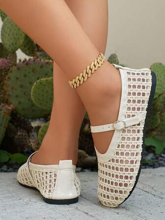 夏季网眼镂空水钻装饰女士平底凉鞋，网眼透气休闲户外鞋，时尚新款宽加大舞鞋/芭蕾舞鞋/休闲鞋/步行鞋，请根据实际脚长订购大一码