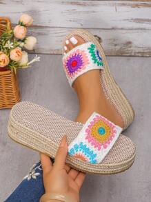 1 pereche de sandale cu platformă și baretă țesută cu flori, stil boem, sandale de vară impermeabile cu talpă groasă, pentru fete, bej