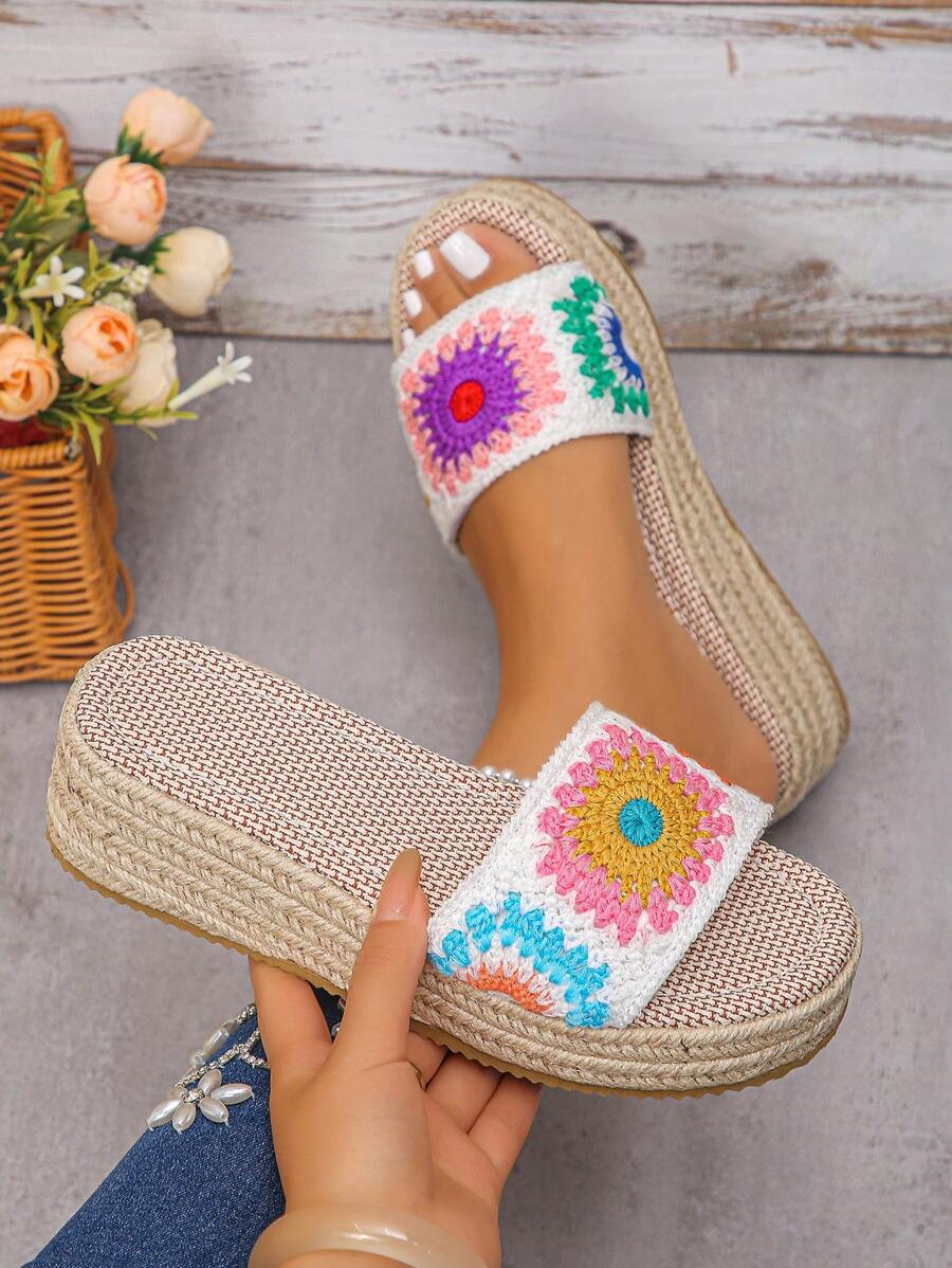 1 pereche de sandale cu platformă și baretă țesută cu flori, stil boem, sandale de vară impermeabile cu talpă groasă, pentru fete, bej