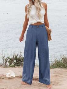 Women's Cotton Linen Trousers Casual Button Up High Waist Wide Leg Trousers - 霧霾藍 - 查看 3