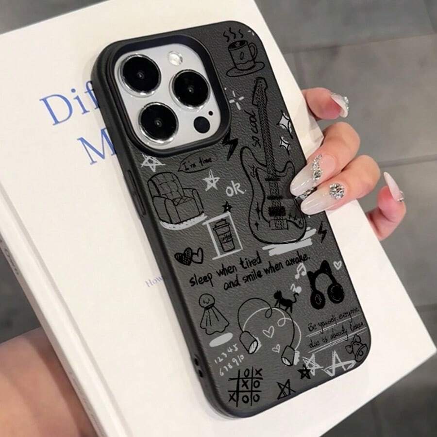 1pc TPU Material Messy Graffiti Pattern Silicone Shockproof Phone Case Compatible With IPhone - Black and White - View 1