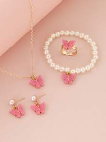 5pcs/Set Girls' Plastic Butterfly Necklace, Pearl Beaded Bracelet, Earrings, Ring Set, Decoration For Daily And Vacation