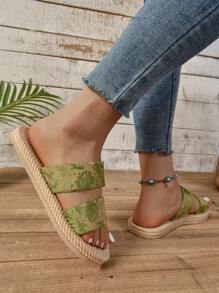 Sandálias Femininas Casuais Plus Size de Sola Grossa com Impressão Verde Boêmia Clássica, Chinelos Confortáveis para Casa/Exterior, Versátil