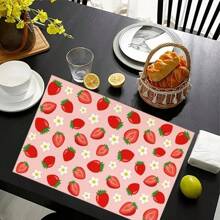 1/4/6 30x45cm Summer Strawberry Printed Linen Placemats, Durable Polyester Kitchen Placemats Suitable For Indoor/Outdoor Parties, Strawberry Themed Decoration, Machine Washable, Suitable For Table Decoration And Restaurant Decoration, Strawberry Themed Tableware, Can Be Used As Gifts.