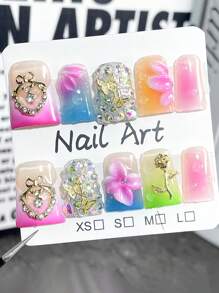 10pcs Y2K Duckbill Nails 3D Flower Decoration Ice Transparent Blush Rhinestone Handmade Acrylic Press On Nails, Long Duckbill Fake Nails With Jelly Glue And Nail File, DIY Nail Art Supplies Valentine's Day School Music Festival Travel