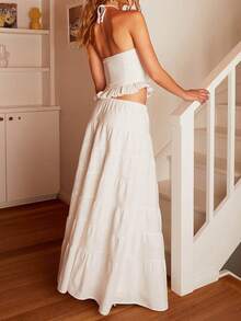 Y2k Maxi Skirt Set For Women Backless Lace Halter Top And Pleated Flowy Skirt Sets Beach Sheer Dress Summer 2 Piece Outfit Beach Set - trắng - Xem 2