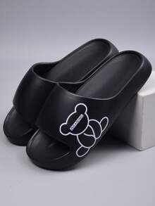时尚情侣便携式 EVA 拖鞋，柔软舒适防滑男士凉鞋，适合春夏季室内外、海滩、度假、淋浴使用 - 黑色側邊熊 - 查看 2