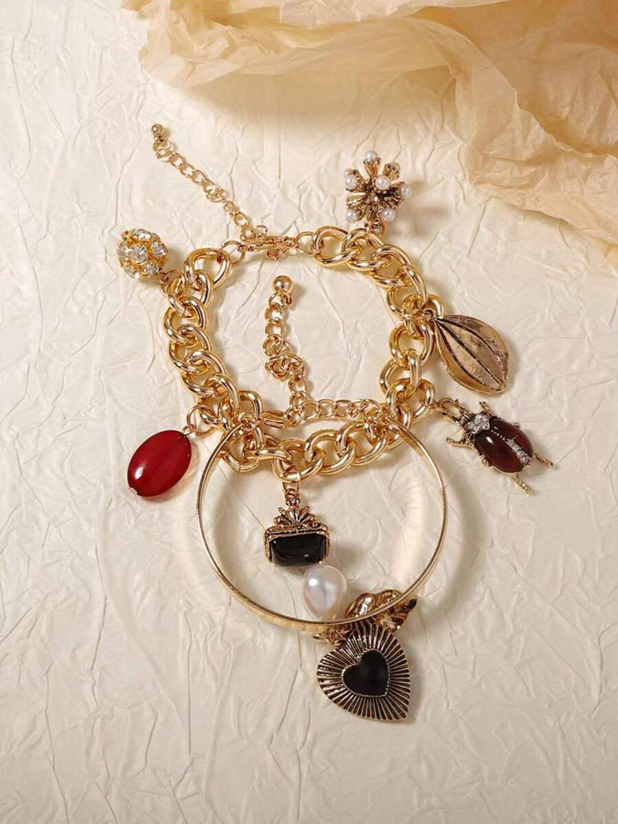 2pcs/Set Vintage Alloy Insect & Heart Pendant Decorated Layered Chain ...