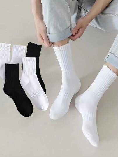 2/4/6/8/10/20双男士简约纯色中筒运动袜户外运动日常耐磨夏季新款街头滑板袜男袜中筒袜秋季