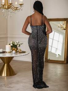 Elegant Chic High Stretch Fabric Long Spaghetti Strap Dress With Rhinestone Details Glamorous Semi-Sheer Mermaid Hem Formal Evening Wear For Women,Prom Dress,Long Party Dresses, Christmas Women's Clothing