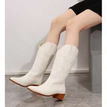 New Women's PU Leather Thick Heel Pointed Toe Western Cowboy Boots In Retro V-Neck, Not Over The Knee, Mid-Tube Knight Boots - 白色 - 查看 8