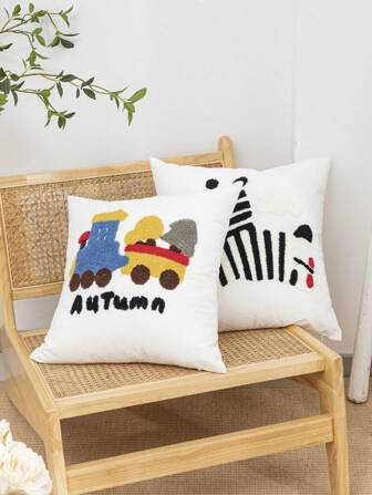 1 pièce/2 pièces Taie d'oreiller décorative avec motif de train et de zèbre, en coton satiné avec une broderie artisanale, convient pour la maison, la chambre, le canapé, la voiture, le jardin extérieur, toutes saisons, 45*45cm, l'insert n'est pas inclus
