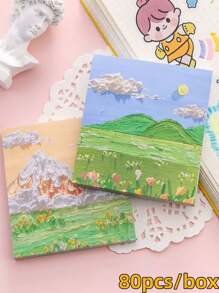80pcs/160pcs/320pcs Landscape Oil Painting Sticky Notes, (80pcs/Pack) Random Styles, Cute Cartoon Sticky Notes For Memo, Teacher Rewards, Student Gifts, Portable High-Quality Sticky Notes For Office, Home, School, Multi-Styles, Christmas Gifts School Supplies, Back To School
