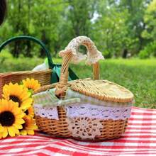 1 pièce Panier de transport rétro en osier pour l'extérieur avec poignée. Panier de pique-nique avec couvercle