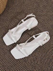 Women's White Thin Strap Peep Toe Square Toe Sandals, White Thong Strap With Buckle Decor, Chunky Low/High Heel - White - View 5