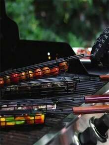 1pc Portable Metal Charcoal Grill Basket With Wooden Handle - Suitable For Vegetables And Meats, Great For Outdoor Camping, Picnics And Hiking, Barbecue Accessories