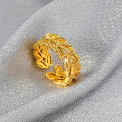 טבעת מינימליסטית חלולה בעיצוב עלי זית/חיטה, טבעת נישואין פשוטה ורסטילית אופנתית לנשים